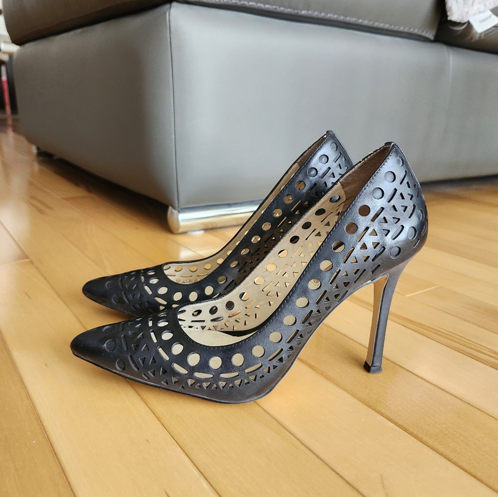 BCBG Black Laser-Cut Pointed-Toe Stiletto Heels